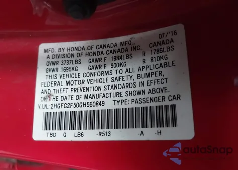 2016 Honda Civic Lx z USA, uszkodzony, nr VIN 2HGFC2F50GH560849
